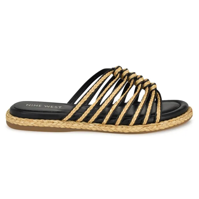 Adila Flat Espadrille Sandals Black Raffia Women Nine West Flats