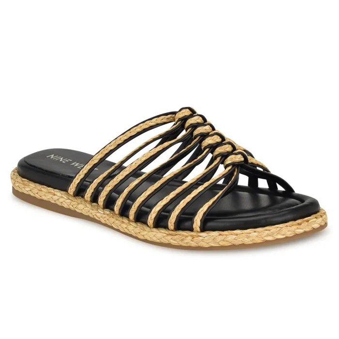 Adila Flat Espadrille Sandals Black Raffia Women Nine West Flats Adila Flat Espadrille Sandals Black Raffia Women Nine West Flats