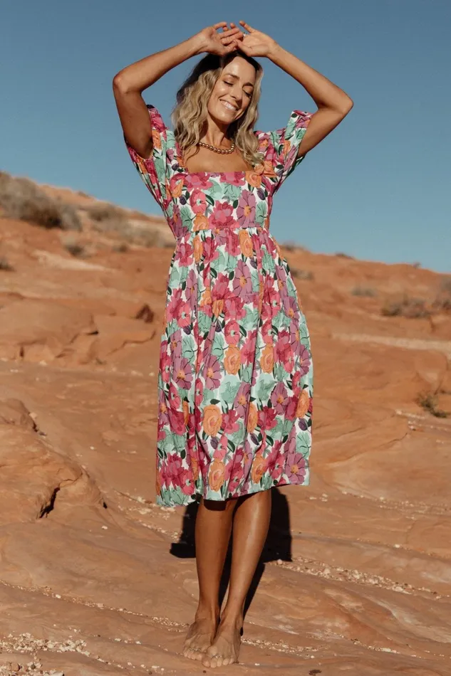 Aimee Puff Sleeve Midi Dress Pink Multi Women Baltic Born Midi Dresses