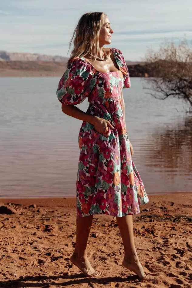 Aimee Puff Sleeve Midi Dress Pink Multi Women Baltic Born Midi Dresses