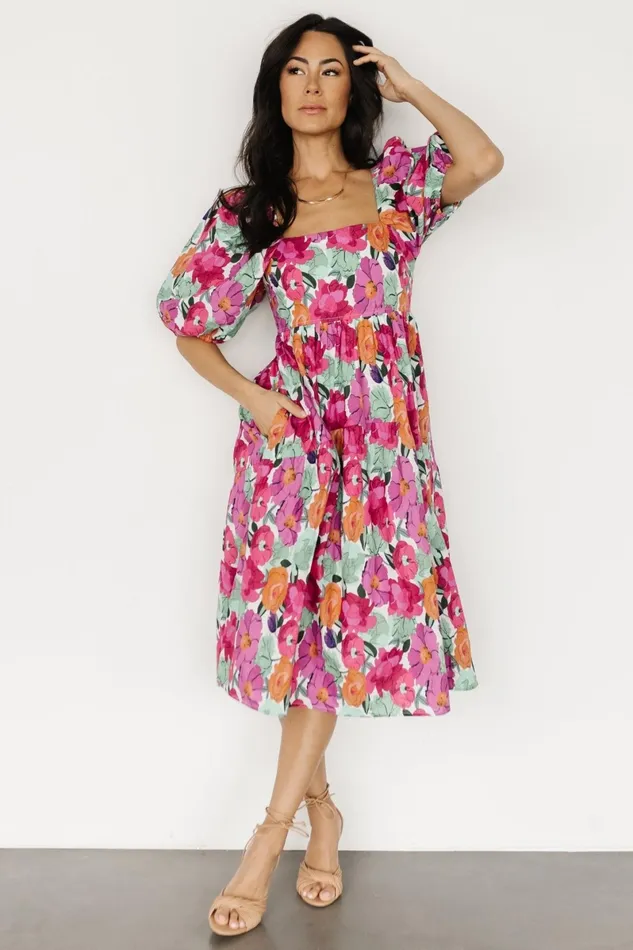 Aimee Puff Sleeve Midi Dress Pink Multi Women Baltic Born Midi Dresses
