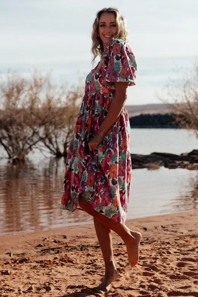 Aimee Puff Sleeve Midi Dress Pink Multi Women Baltic Born Midi Dresses