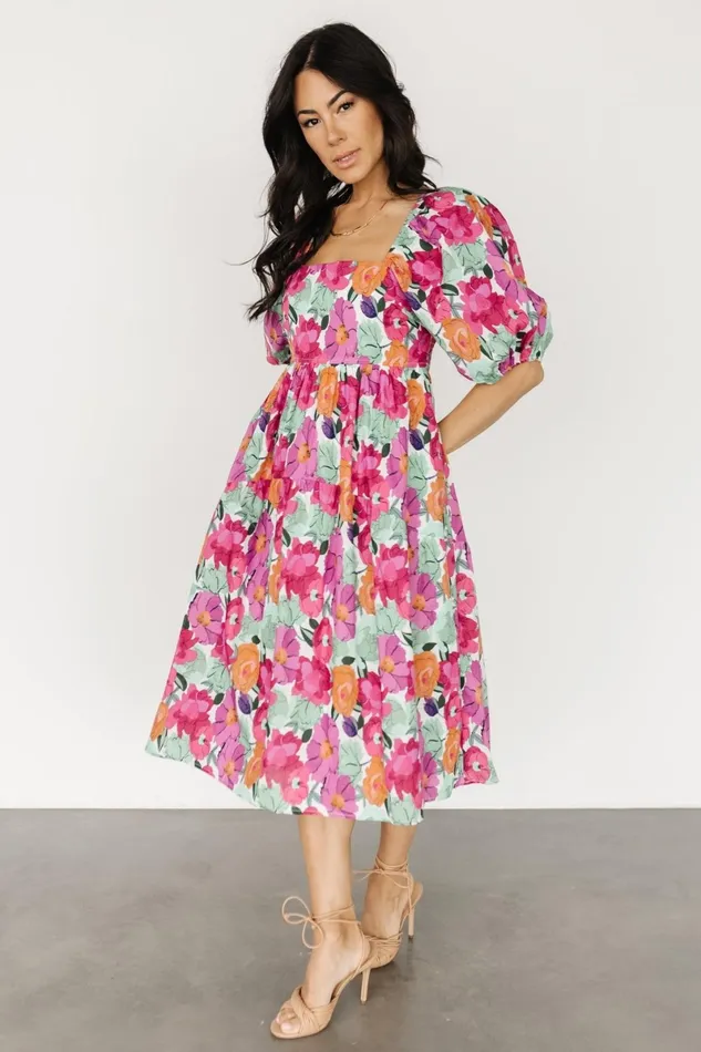 Aimee Puff Sleeve Midi Dress Pink Multi Women Baltic Born Midi Dresses