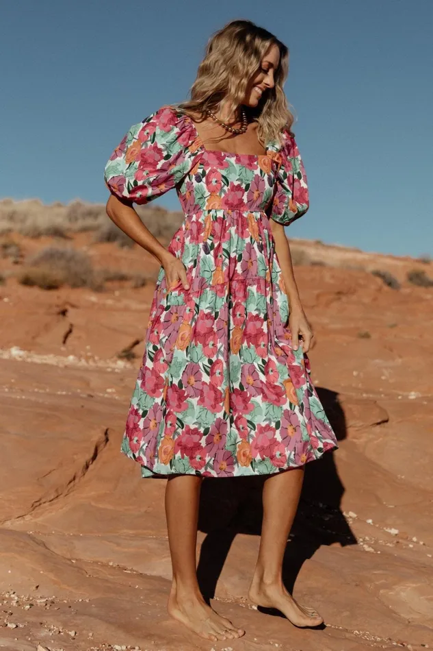 Aimee Puff Sleeve Midi Dress Pink Multi Women Baltic Born Midi Dresses