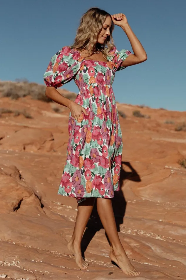 Aimee Puff Sleeve Midi Dress Pink Multi Women Baltic Born Midi Dresses