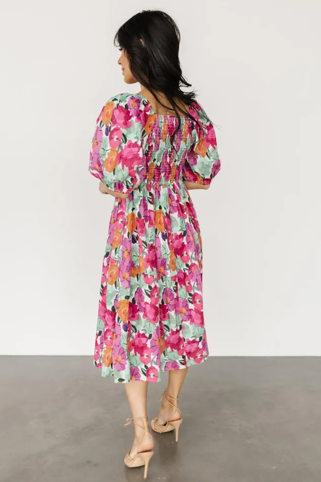 Aimee Puff Sleeve Midi Dress Pink Multi Women Baltic Born Midi Dresses
