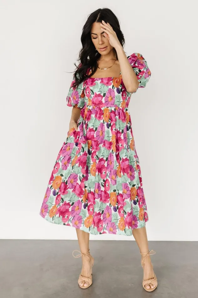 Aimee Puff Sleeve Midi Dress Pink Multi Women Baltic Born Midi Dresses
