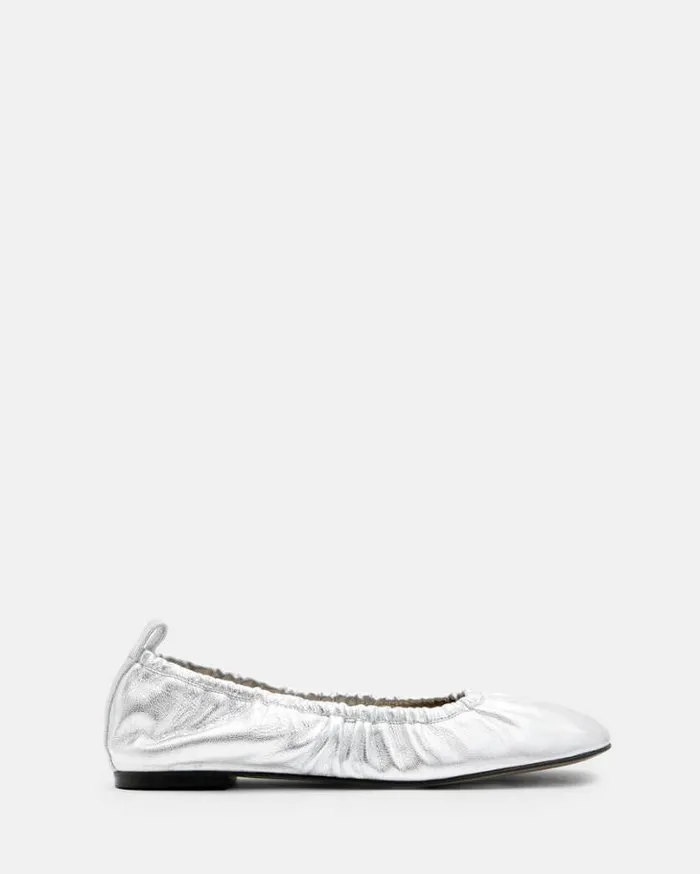 Alia Metallic Leather Ribbon Ballet Pumps Metallic Silver Women AllSaints Shoes and Boots