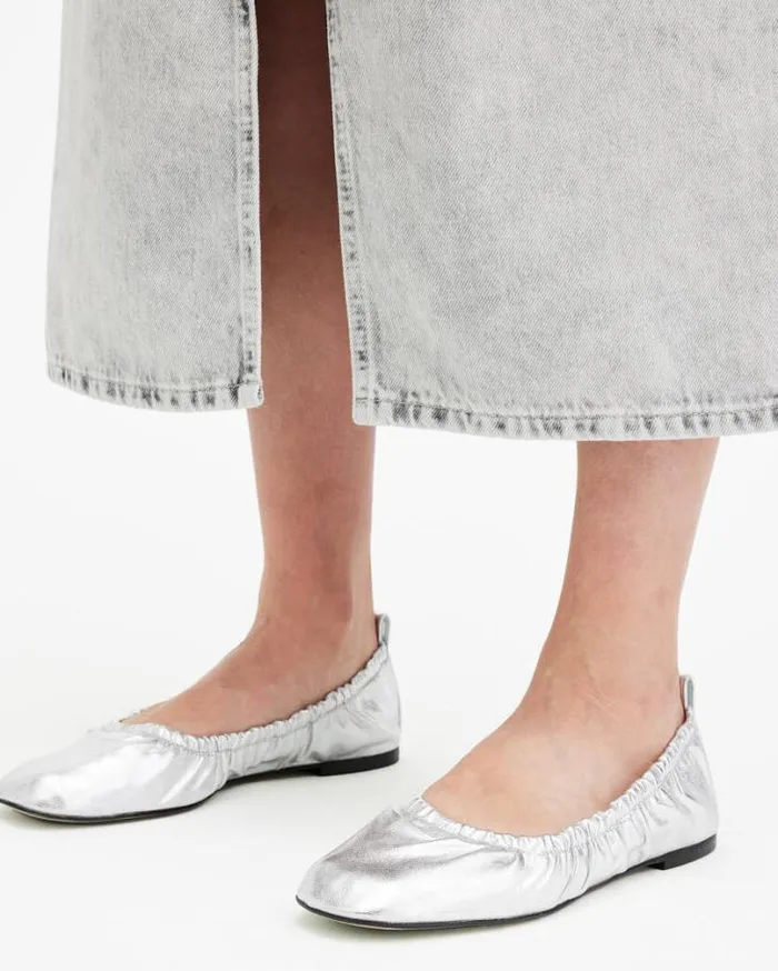 Alia Metallic Leather Ribbon Ballet Pumps Metallic Silver Women AllSaints Shoes and Boots Alia Metallic Leather Ribbon Ballet Pumps Metallic Silver Women AllSaints Shoes and Boots