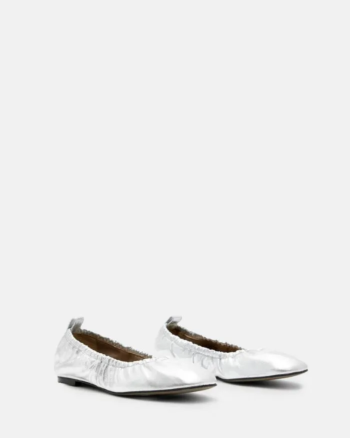 Alia Metallic Leather Ribbon Ballet Pumps Metallic Silver Women AllSaints Shoes and Boots Alia Metallic Leather Ribbon Ballet Pumps Metallic Silver Women AllSaints Shoes and Boots