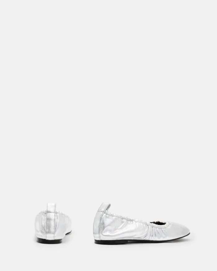 Alia Metallic Leather Ribbon Ballet Pumps Metallic Silver Women AllSaints Shoes and Boots Alia Metallic Leather Ribbon Ballet Pumps Metallic Silver Women AllSaints Shoes and Boots