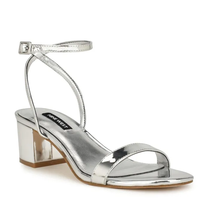 Allora Ankle Strap Block Heeled Sandals Silver Women Nine West Heeled