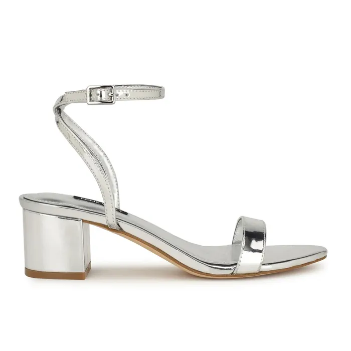 Allora Ankle Strap Block Heeled Sandals Silver Women Nine West Low Heel