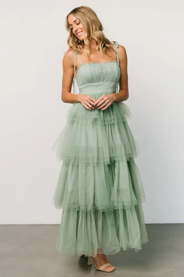 Alora Tulle Tiered Maxi Dress Sage Green Women Baltic Born Maxi Dresses