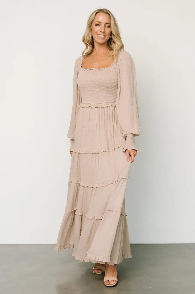 Amanda Smocked Dotted Maxi Dress Beige Women Baltic Born Maxi Dresses