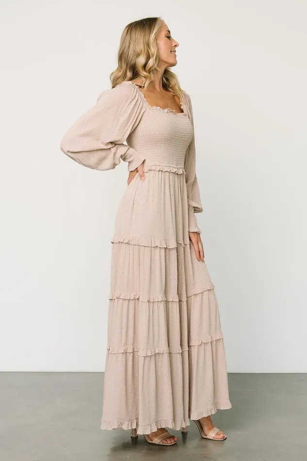 Amanda Smocked Dotted Maxi Dress Beige Women Baltic Born Maxi Dresses