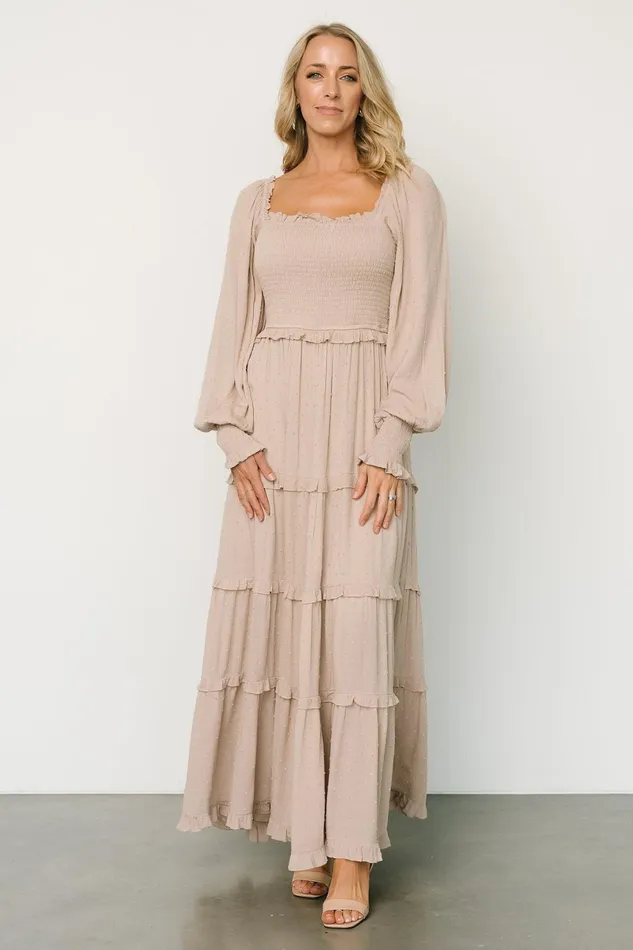 Amanda Smocked Dotted Maxi Dress Beige Women Baltic Born Maxi Dresses