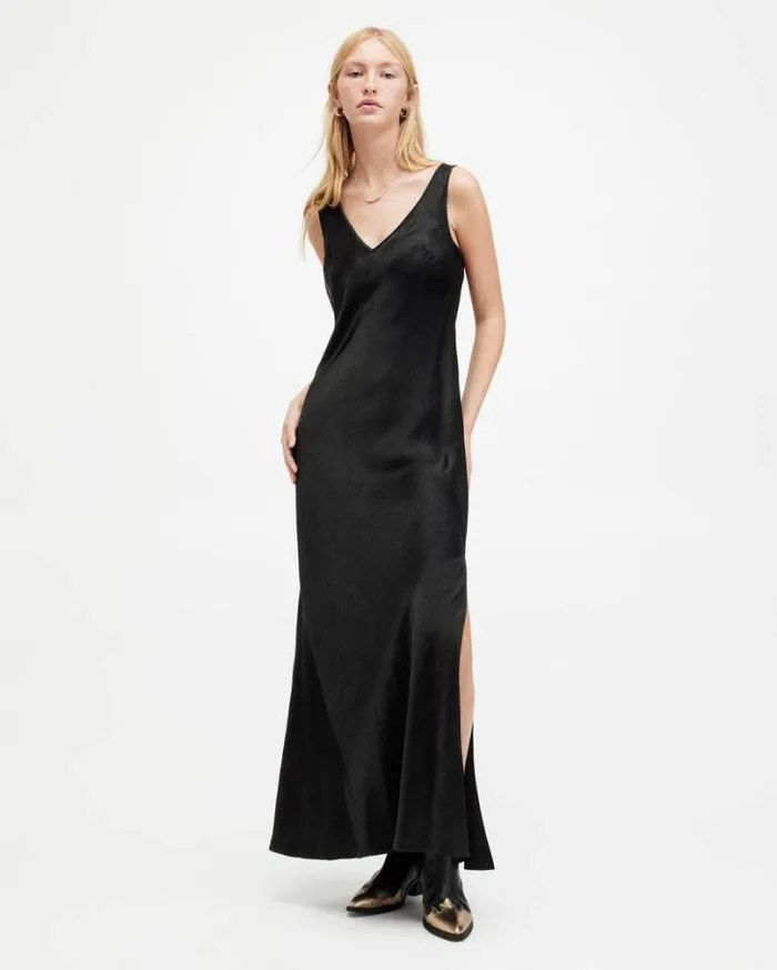 Amos 2In1 Satin Maxi Dress Black Women AllSaints Dresses