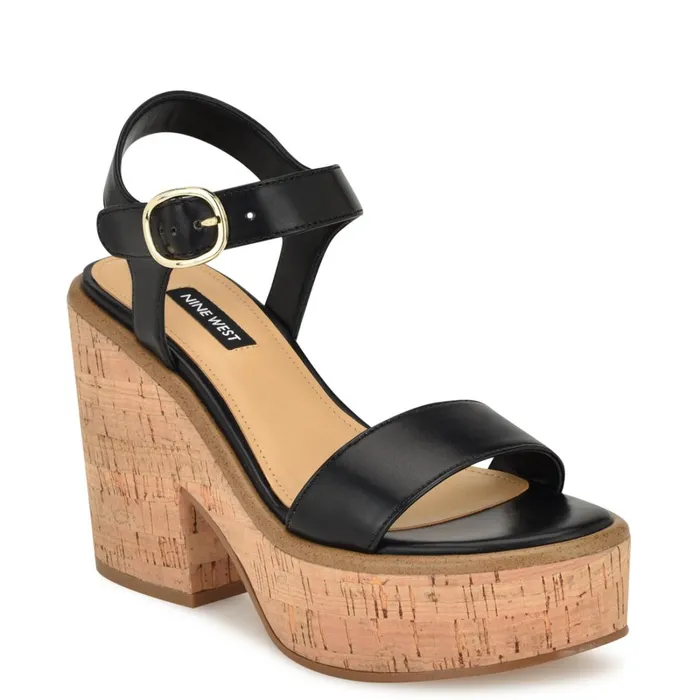 Amye Ankle Strap Wedge Sandals Black Women Nine West High