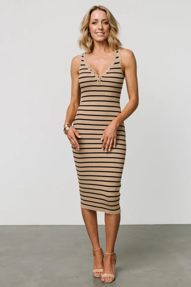 Aniston Striped Ribbed Dress Camel Black Women Baltic Born Midi Dresses Aniston Striped Ribbed Dress Camel Black Women Baltic Born Midi Dresses