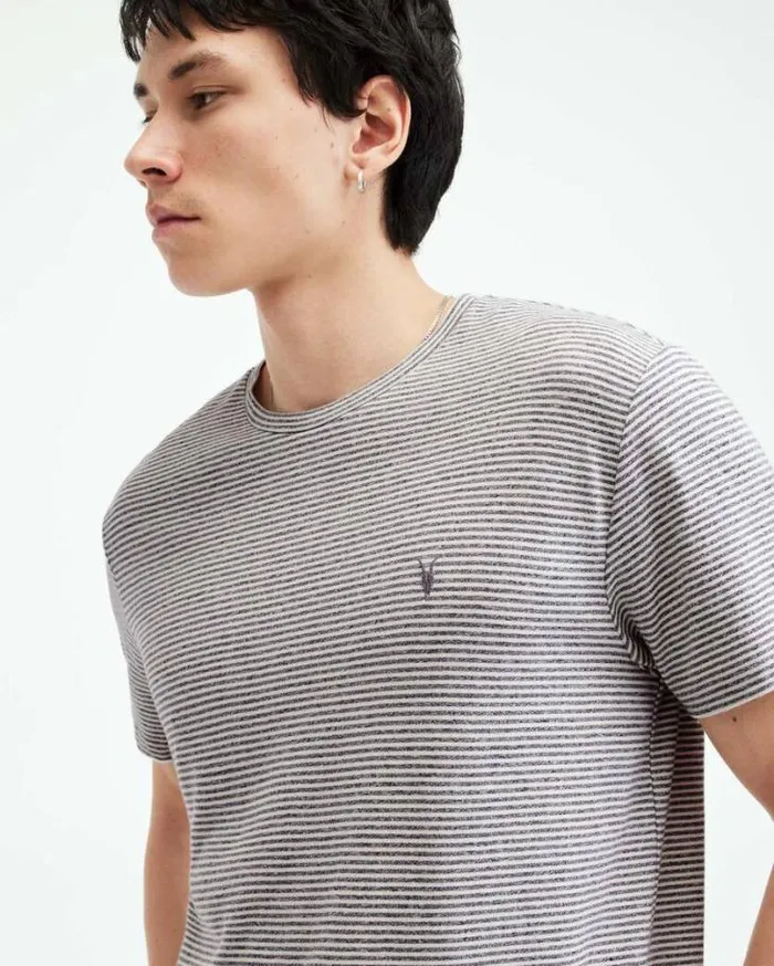 Ashton Striped Crew Neck TShirt Chlk Whtash Gry Men AllSaints TShirts