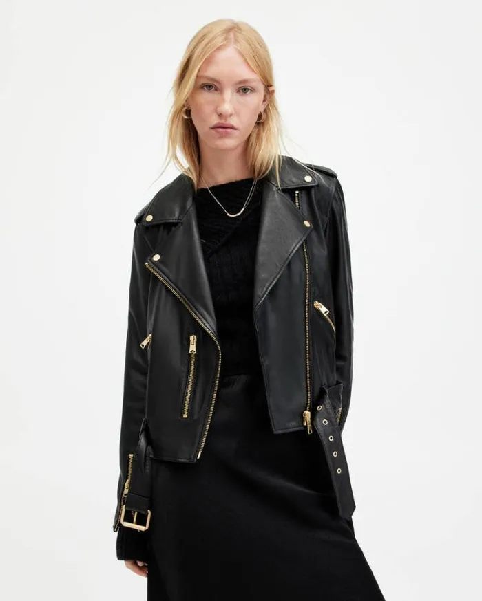 Balfern Belted Hem Leather Biker Jacket Blackgold Women AllSaints Jackets and Coats