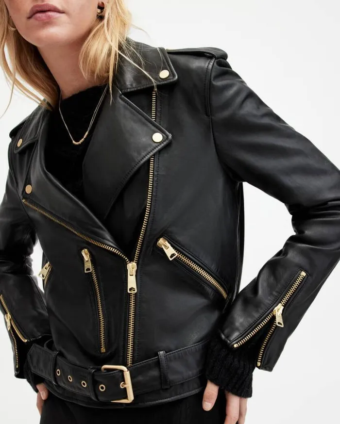 Balfern Belted Hem Leather Biker Jacket Blackgold Women AllSaints Jackets and Coats