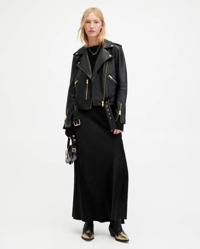 Balfern Belted Hem Leather Biker Jacket Blackgold Women AllSaints Jackets and Coats
