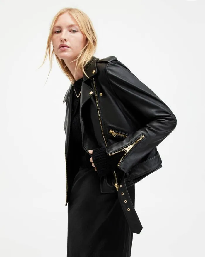 Balfern Belted Hem Leather Biker Jacket Blackgold Women AllSaints Jackets and Coats