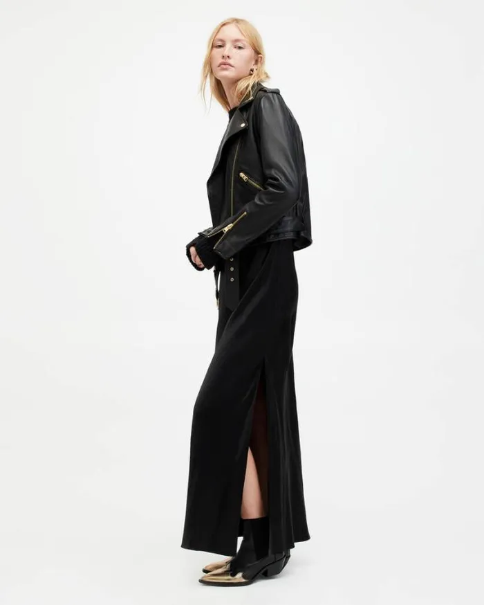 Balfern Belted Hem Leather Biker Jacket Blackgold Women AllSaints Jackets and Coats