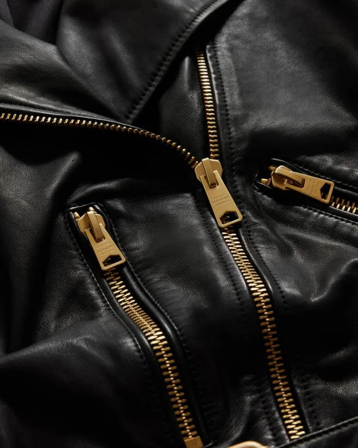 Balfern Belted Hem Leather Biker Jacket Blackgold Women AllSaints Jackets and Coats