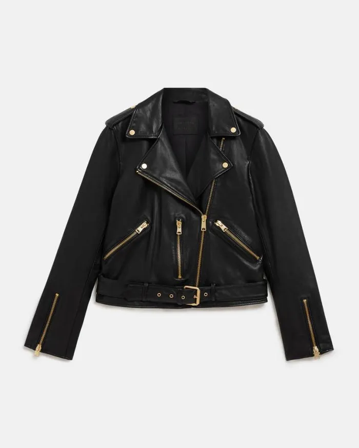 Balfern Belted Hem Leather Biker Jacket Blackgold Women AllSaints Jackets and Coats