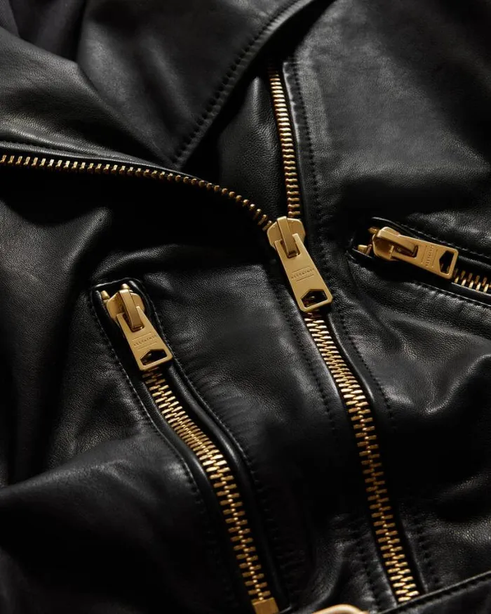 Balfern Belted Hem Leather Biker Jacket Blackgold Women AllSaints Jackets and Coats