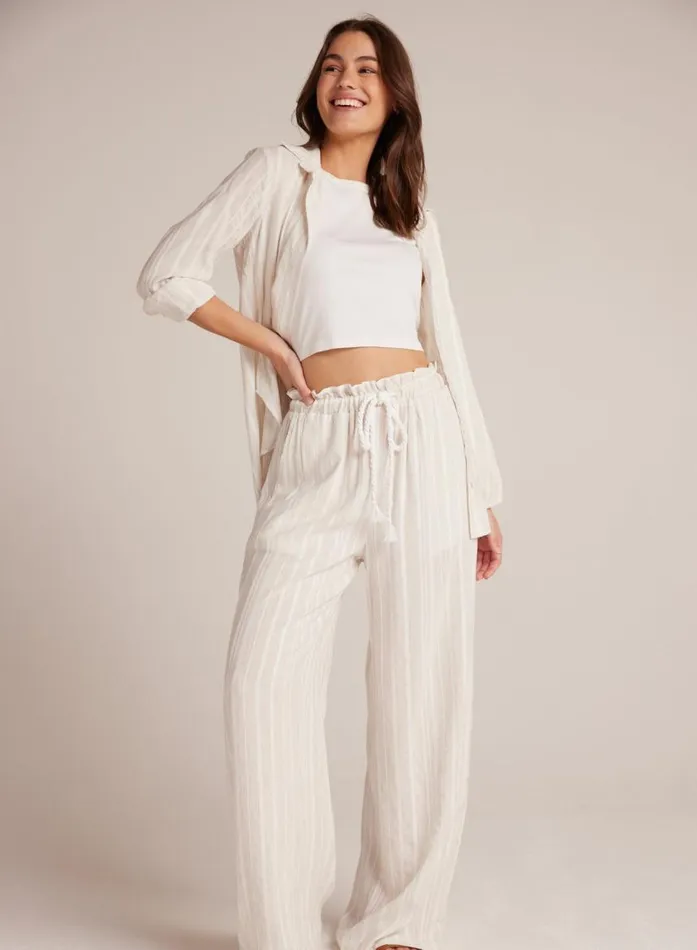 Bella Dahl Ruffle Waist Wide Leg 8211 White Sand Stripe Women Pants