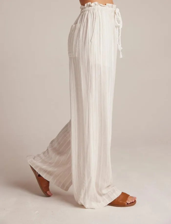 Bella Dahl Ruffle Waist Wide Leg 8211 White Sand Stripe Women Pants