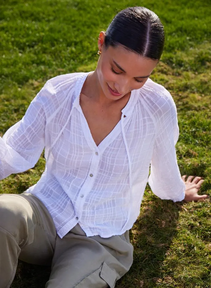 Bella Dahl Woven Plaid Raglan Blouse 8211 White Women Long Sleeve