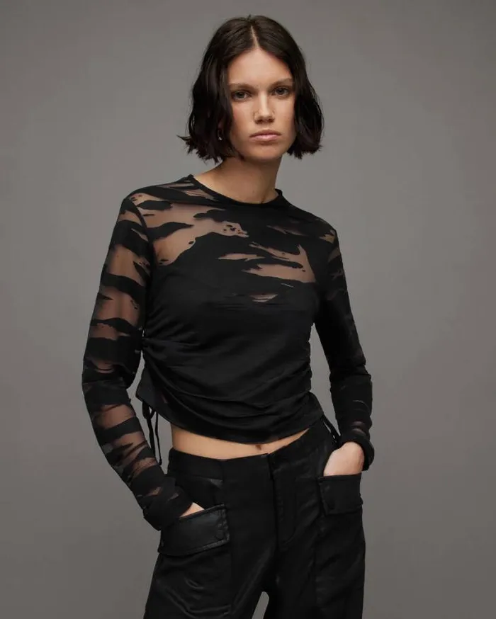 Beta Long Sleeve Drawstring Mesh Top Black Women AllSaints Tops and Shirts