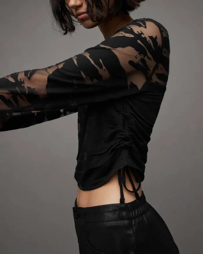 Beta Long Sleeve Drawstring Mesh Top Black Women AllSaints Tops and Shirts