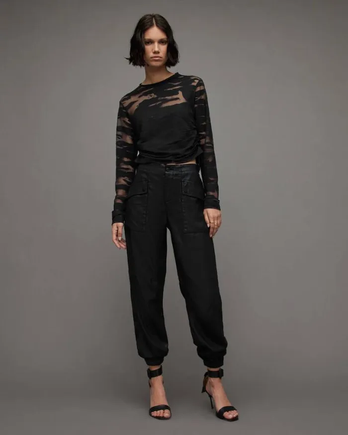 Beta Long Sleeve Drawstring Mesh Top Black Women AllSaints Tops and Shirts