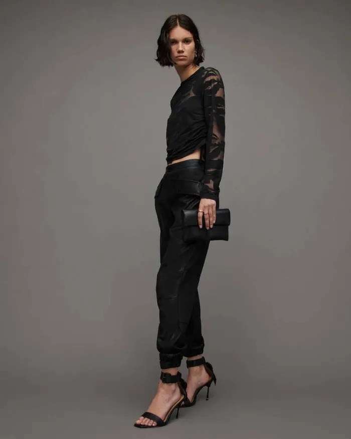 Beta Long Sleeve Drawstring Mesh Top Black Women AllSaints Tops and Shirts