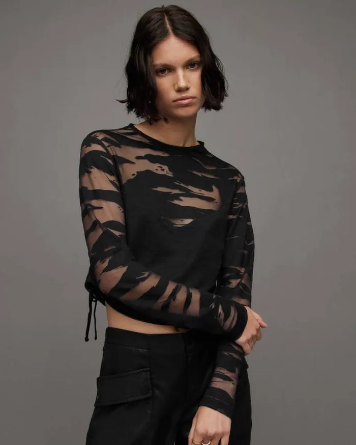 Beta Long Sleeve Drawstring Mesh Top Black Women AllSaints Tops and Shirts