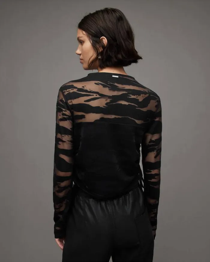 Beta Long Sleeve Drawstring Mesh Top Black Women AllSaints Tops and Shirts