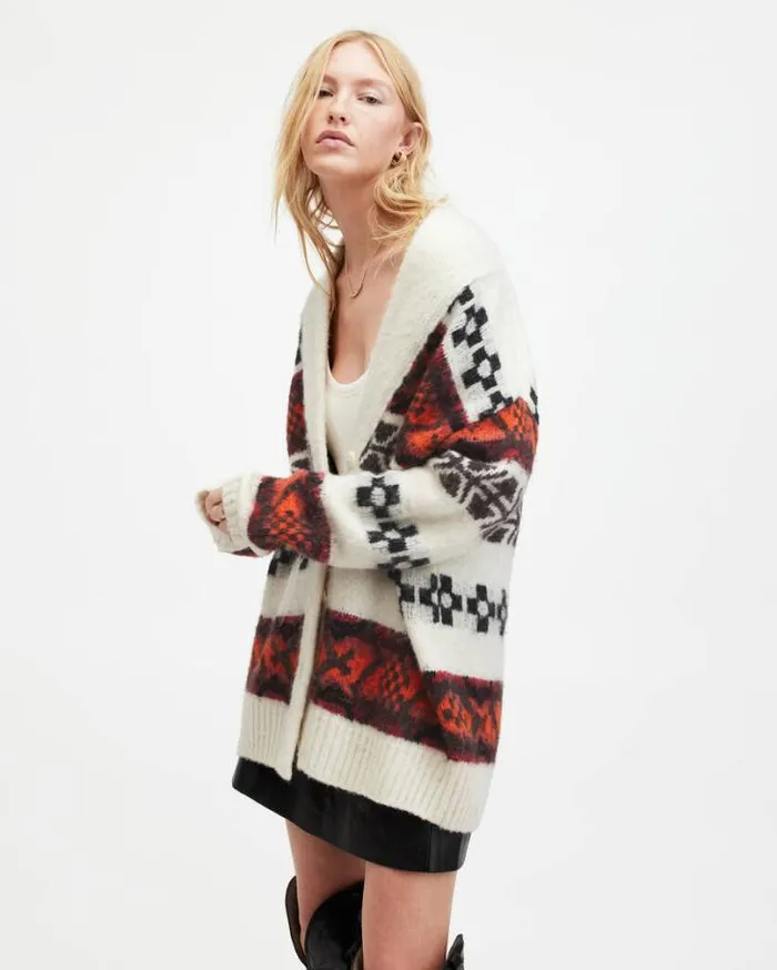 Billy Fair Isle Chunky Relaxed Cardigan Chalk Whitered Women AllSaints Sweaters