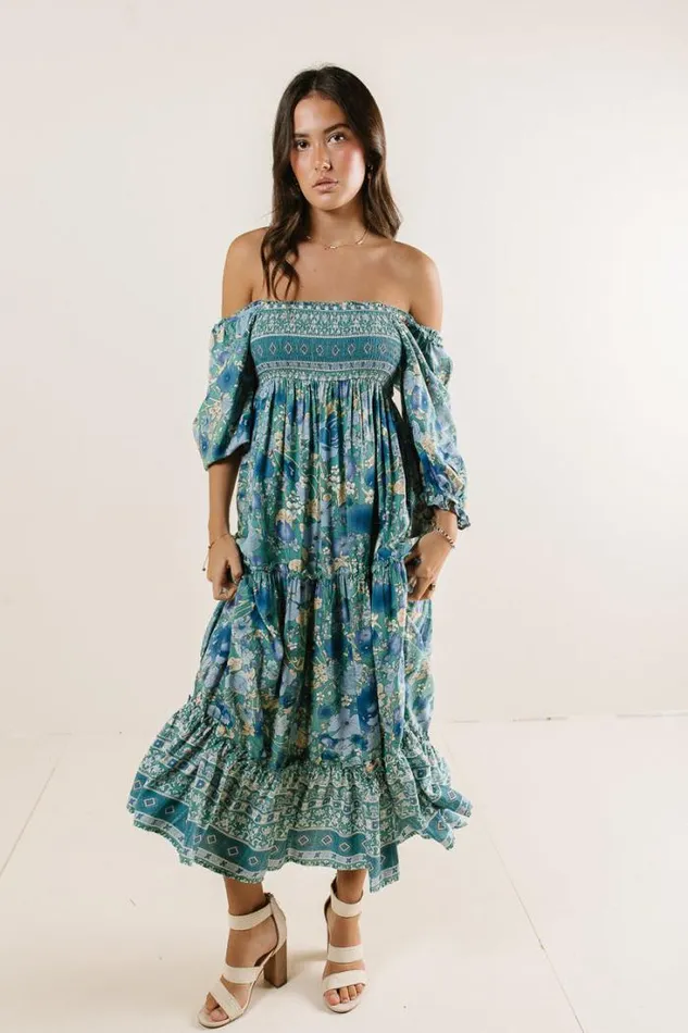 Bohme Dresses Janice Smocked Floral Dress In Teal Teal 8211 Women Bohme Dresses Janice Smocked Floral Dress In Teal Teal 8211 Women