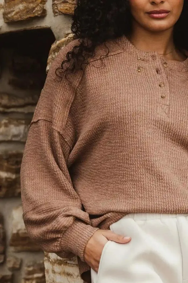 Bohme Tops Arabella Ribbed Henley Top In Brown Brown 8211 Women