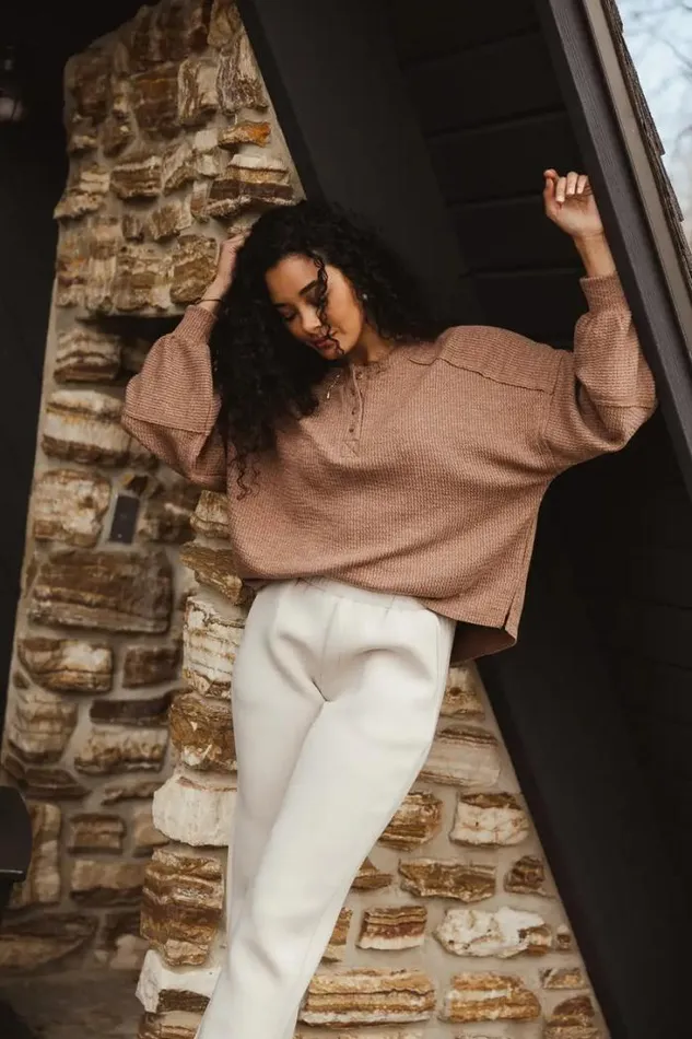 Bohme Tops Arabella Ribbed Henley Top In Brown Brown 8211 Women