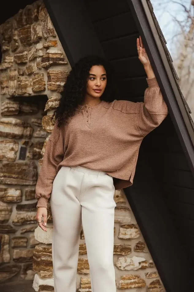 Bohme Tops Arabella Ribbed Henley Top In Brown Brown 8211 Women