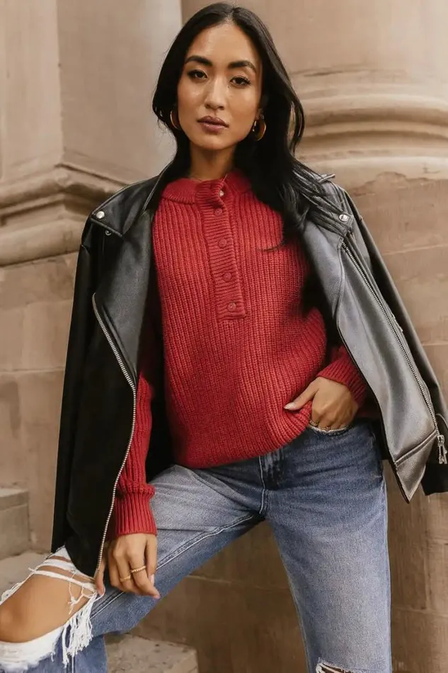 Bohme Tops Jada Half Button Sweater In Red 8211 FINAL SALE Red 8211 Women Bohme Tops Jada Half Button Sweater In Red 8211 FINAL SALE Red 8211 Women