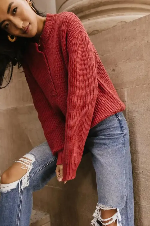 Bohme Tops Jada Half Button Sweater In Red 8211 FINAL SALE Red 8211 Women Bohme Tops Jada Half Button Sweater In Red 8211 FINAL SALE Red 8211 Women