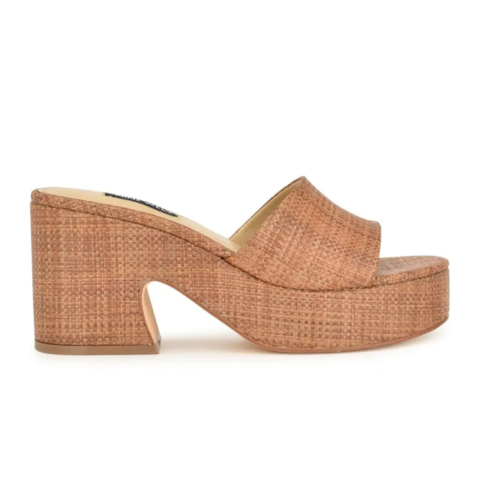 Boone Platform Slide Sandals Brown Raffia Women Nine West Wedges